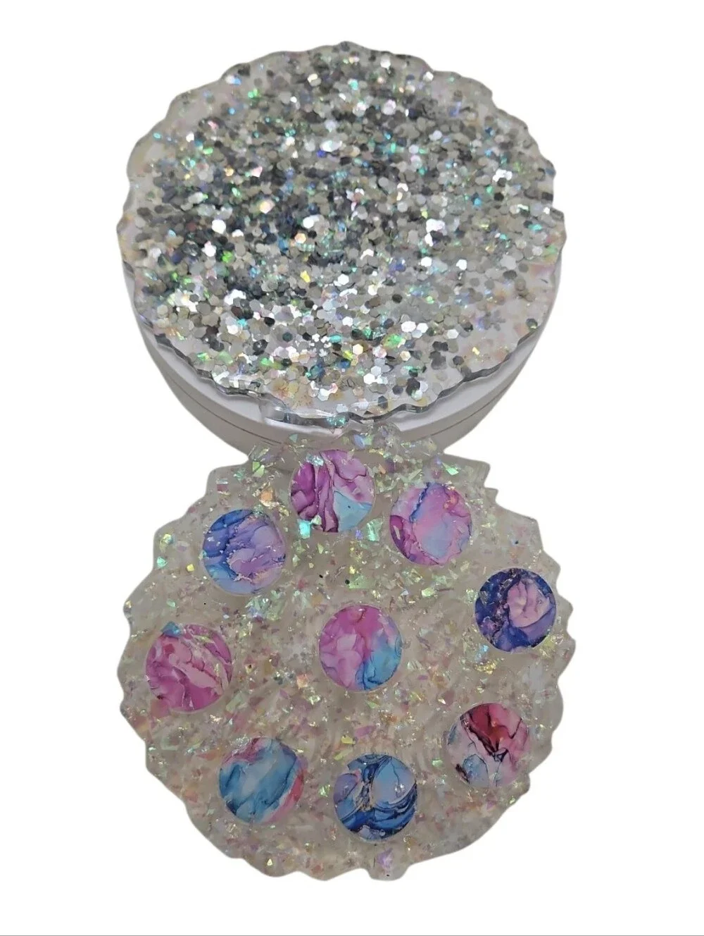 Handmade Resin Paperweight & Drink Coaster Set Blue Gold Pink Purple Fluid Art